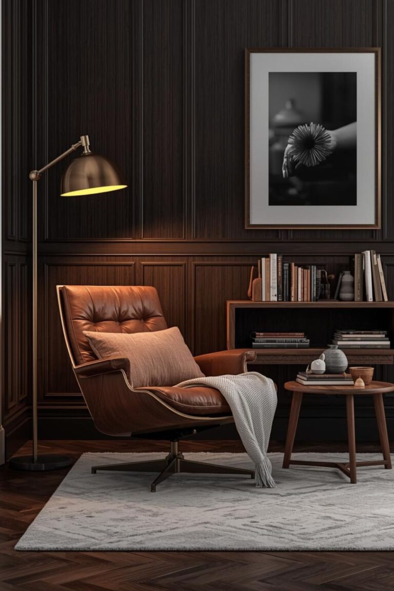 Leather Lounge Corner with Dark Wood Paneling and Books