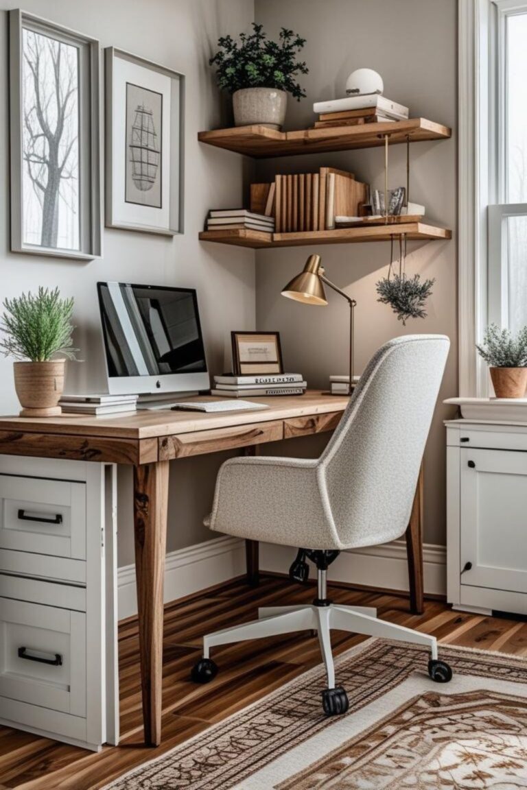 Mid-century walnut desk with olive walls and brass accents
