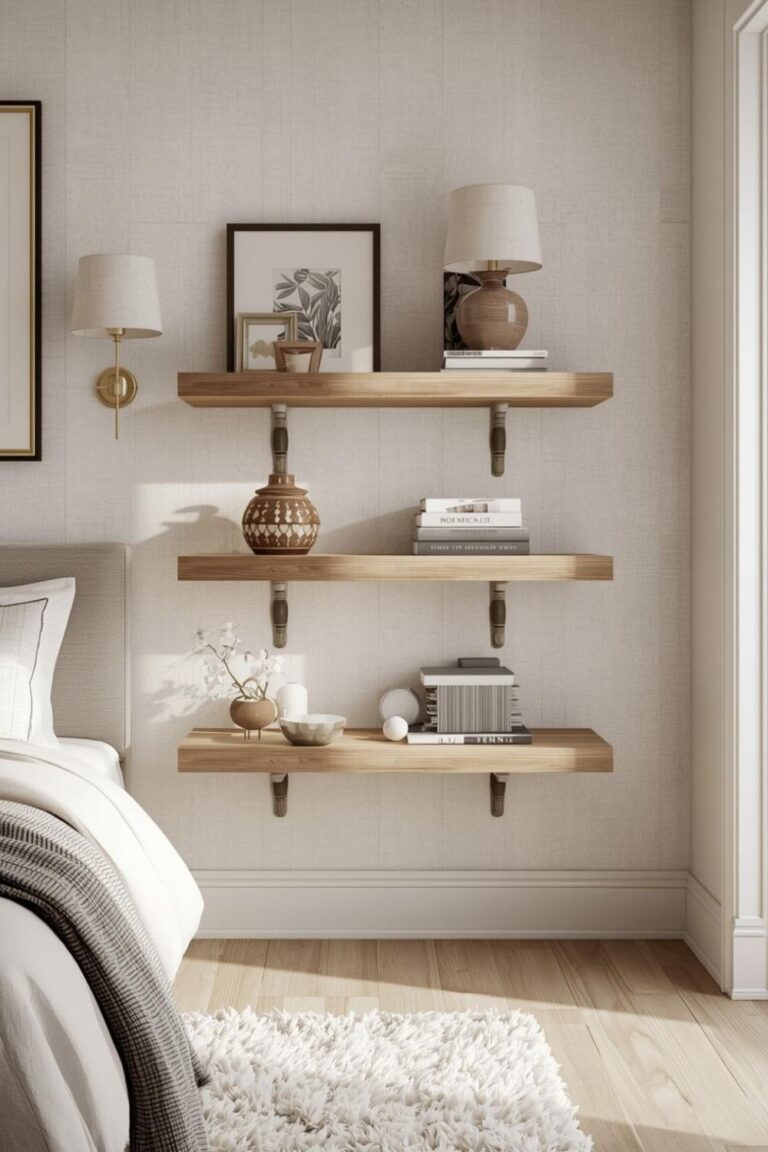 Serene Bedroom Shelves with Books, Linen, and Soft Neutrals
