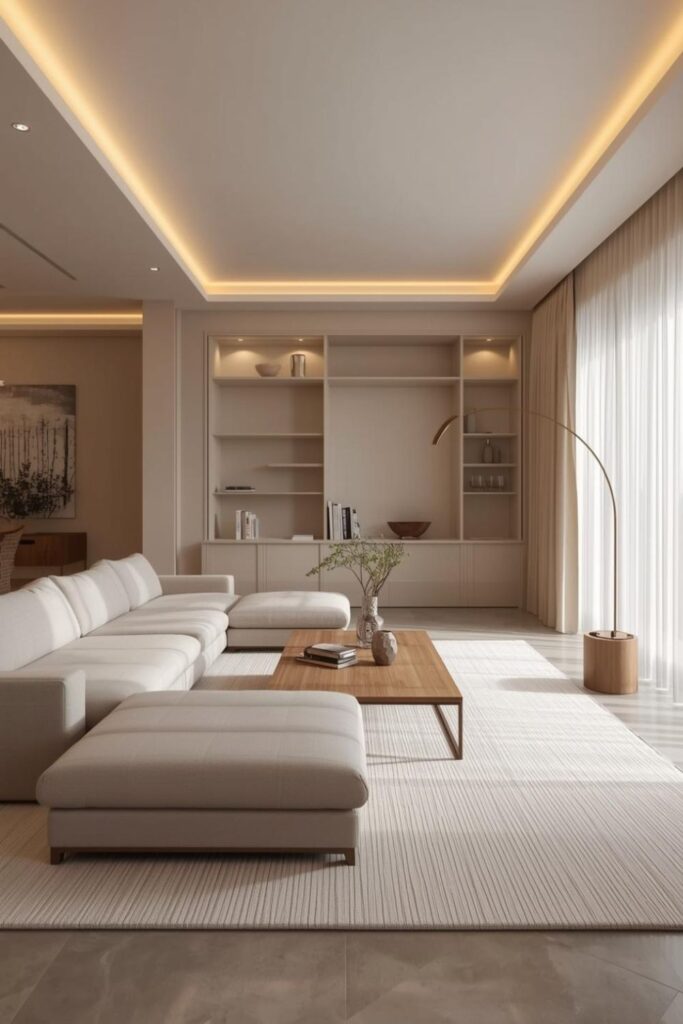 Airy Beige Corner Layout with Low Coffee Table and Calm Storage