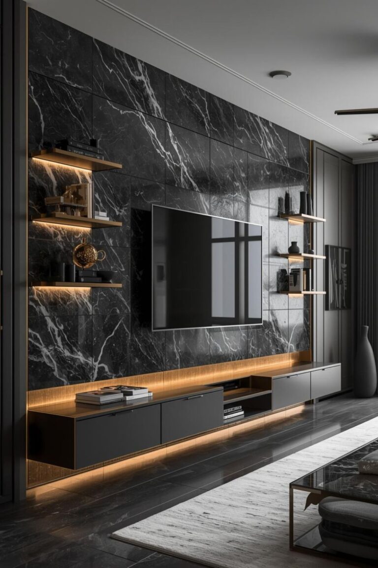 Black Marble Feature Wall with Gold Shelf Details
