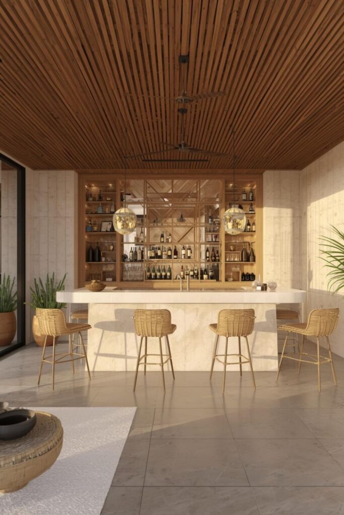 Coastal White Bar Pavilion with Soft Beige Stone Finishes