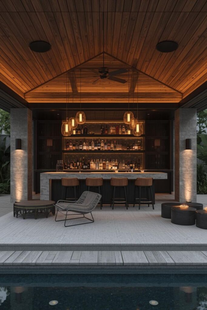 Contemporary Stone Bar Shed with Warm Wood Ceiling Glow