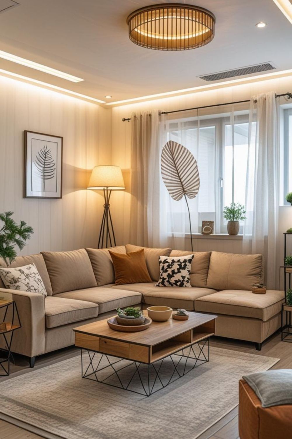 Cozy Neutral Lounge with Corner Shelves and Soft Daylight Drapes