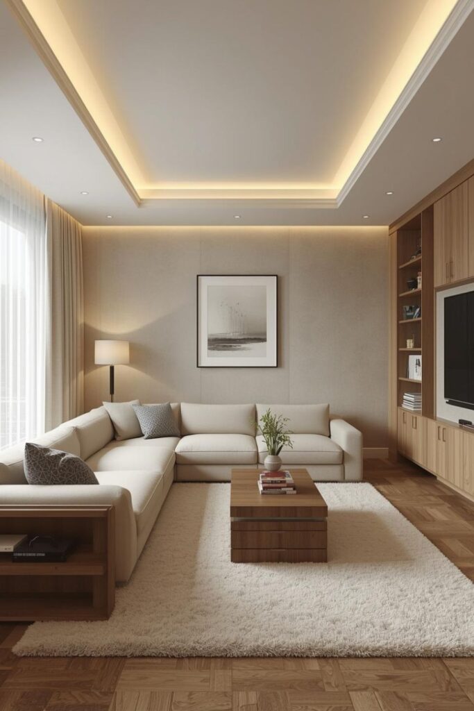 Cream-and-Greige Lounge with Textured Walls and Warm Strips