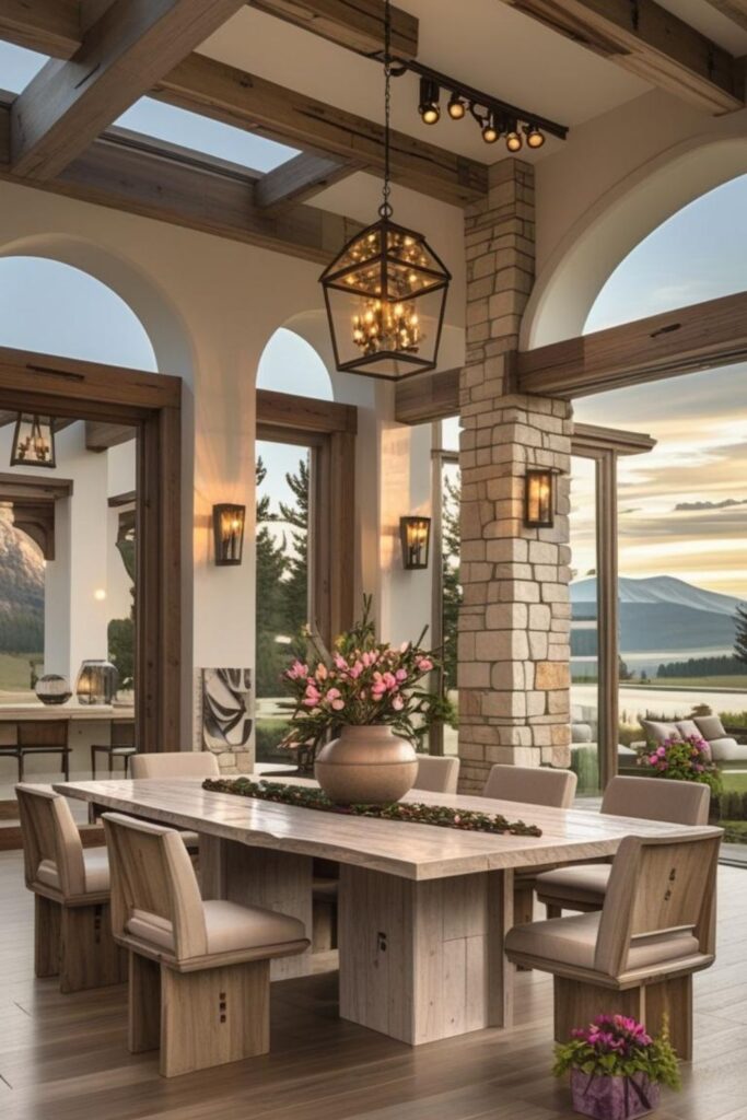 Earthy Contemporary Dining with Stone Columns, Archways, and Walnut Table