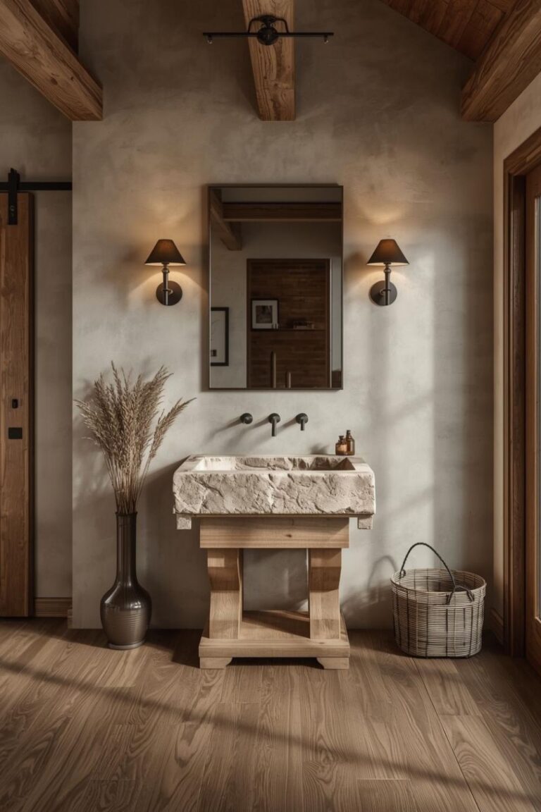 Exposed Beam Barn Bath with Stone Trough Sink and Rail Mirror