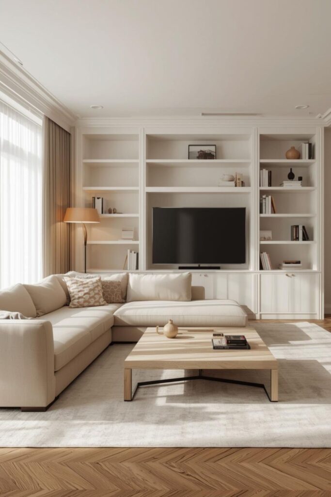 Full Library Built-Ins with Ash Table and Reading Floor Lamp