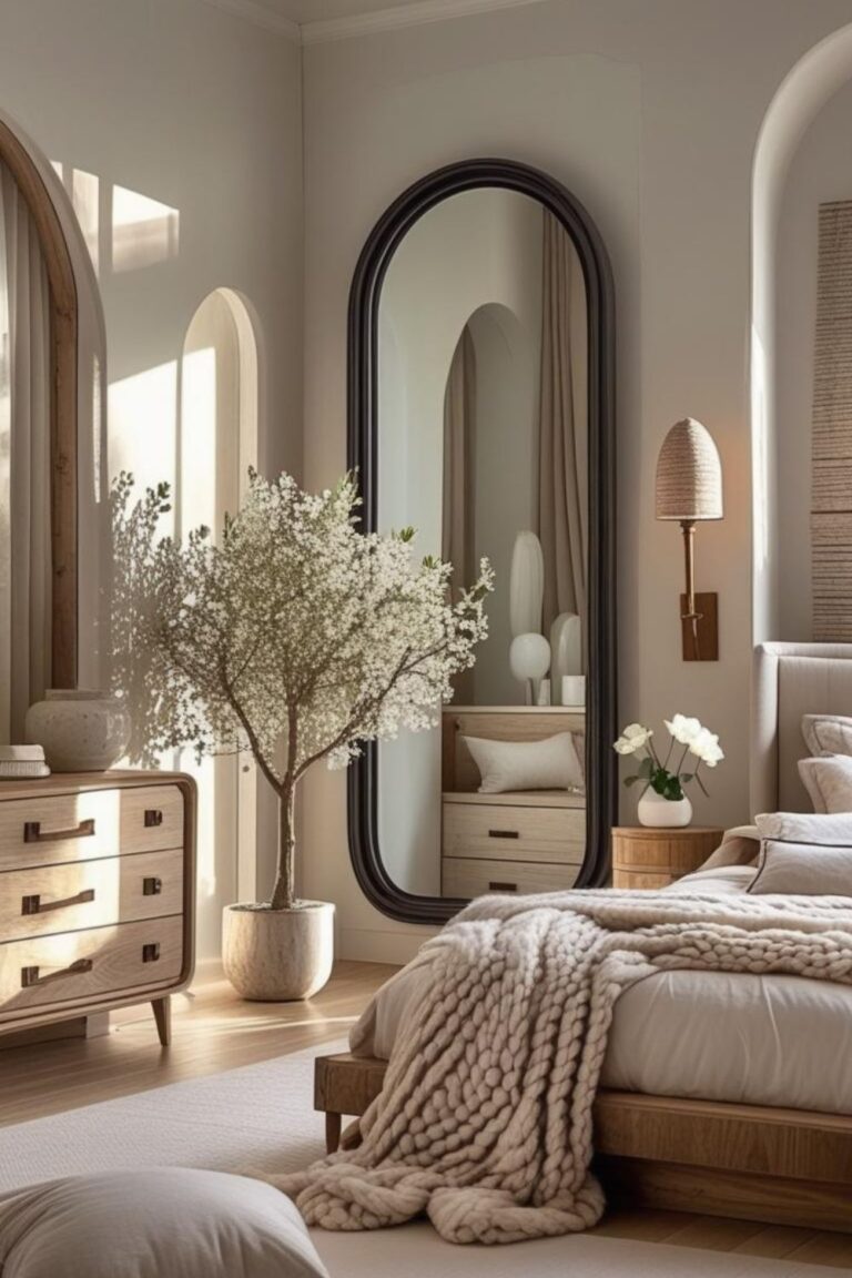 Greige Microcement Calm with Walnut Tallboy Dresser