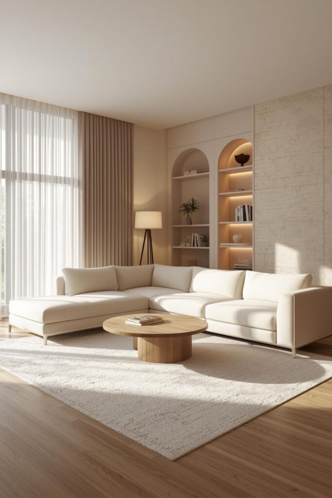 Light Stone Accent Wall with Cream Seating and Warm Floor Lamp