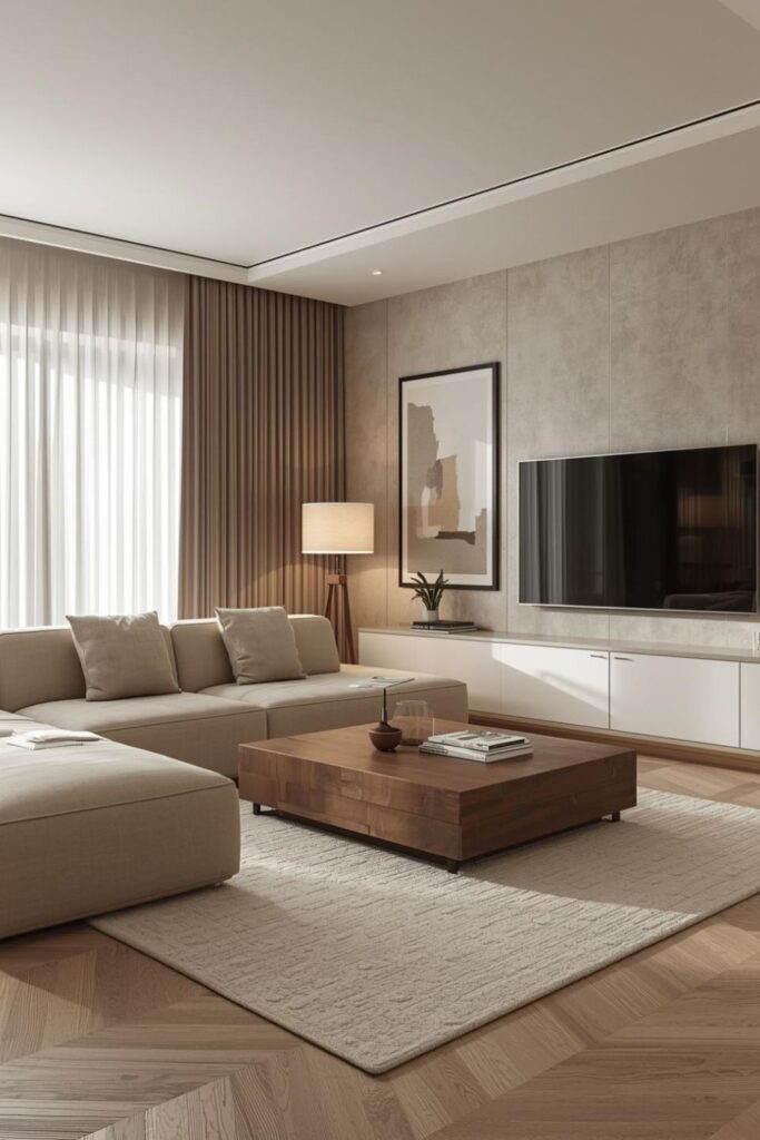 Microcement Greige Walls with Smoked Oak and Soft White Rug