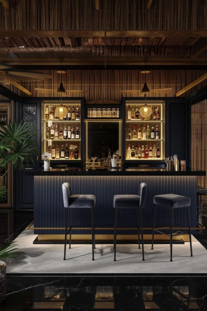 Midnight Blue Bar Shed with Gold Shelf Lighting