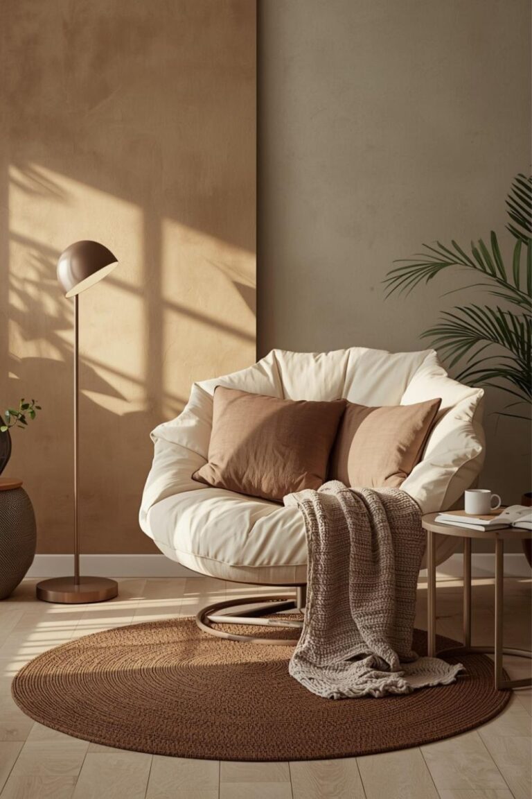 Monochrome Beige Reading Corner with Sculptural Lamp and Soft Shadowing