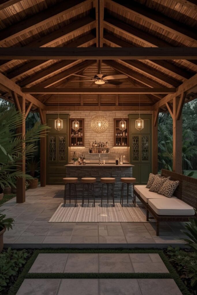 Olive Green Bar Pavilion with Natural Stone Waterfall Counter