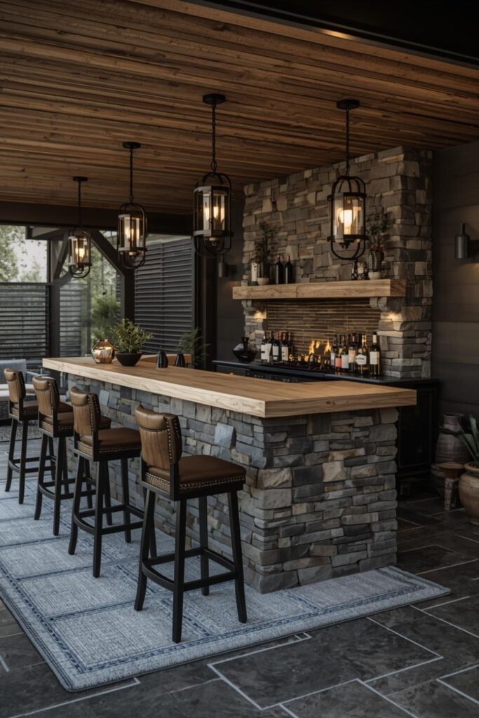 Rustic Stone Fireplace Bar with Warm Amber Lighting