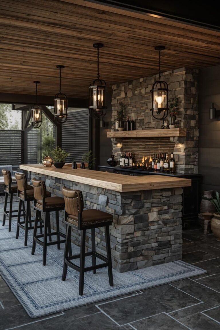 Rustic Stone Fireplace Bar with Warm Amber Lighting