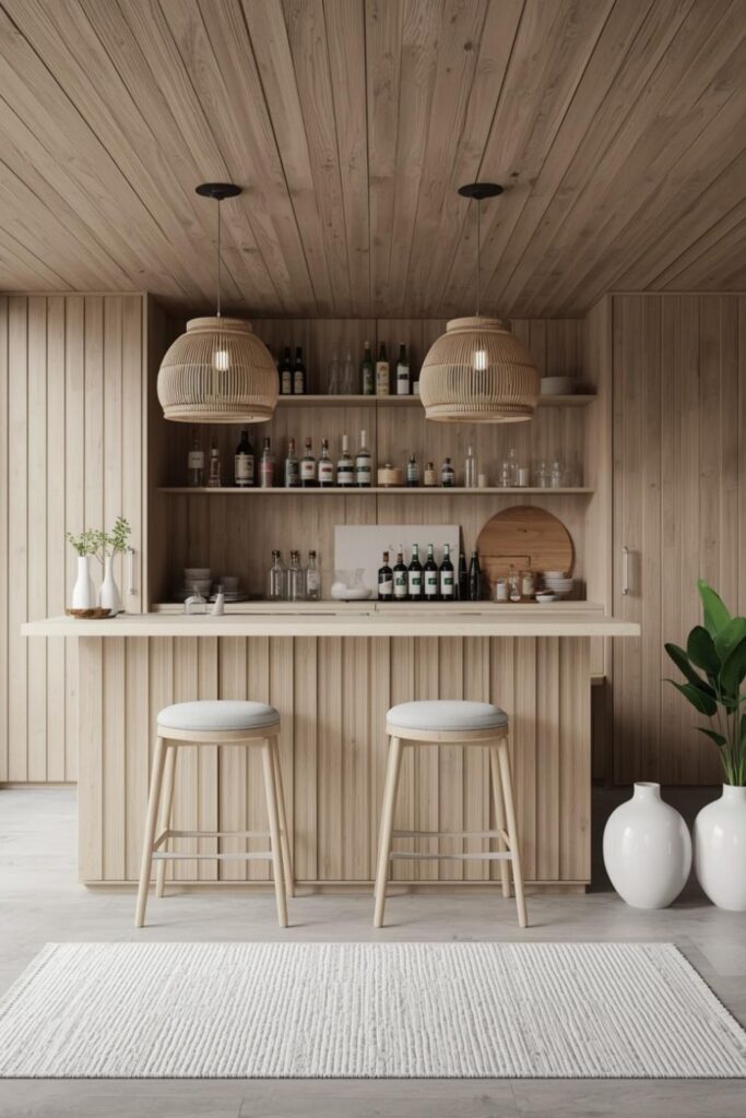Scandinavian Light Wood Bar with Cream Linen Seating