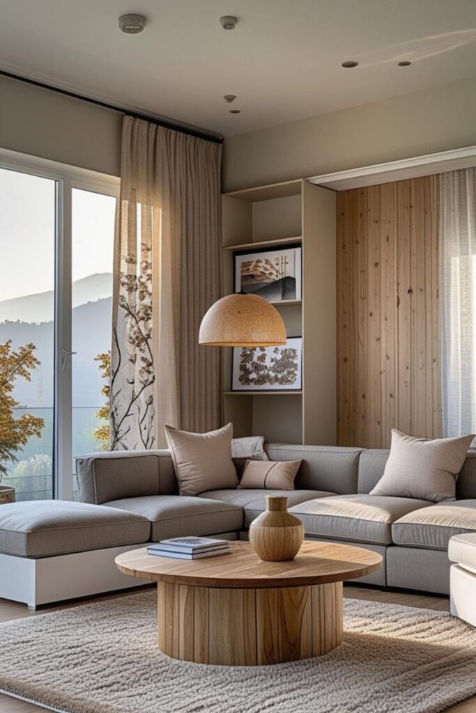 Slatted Wood Built-In Wall with Walnut Table and Clean Styling