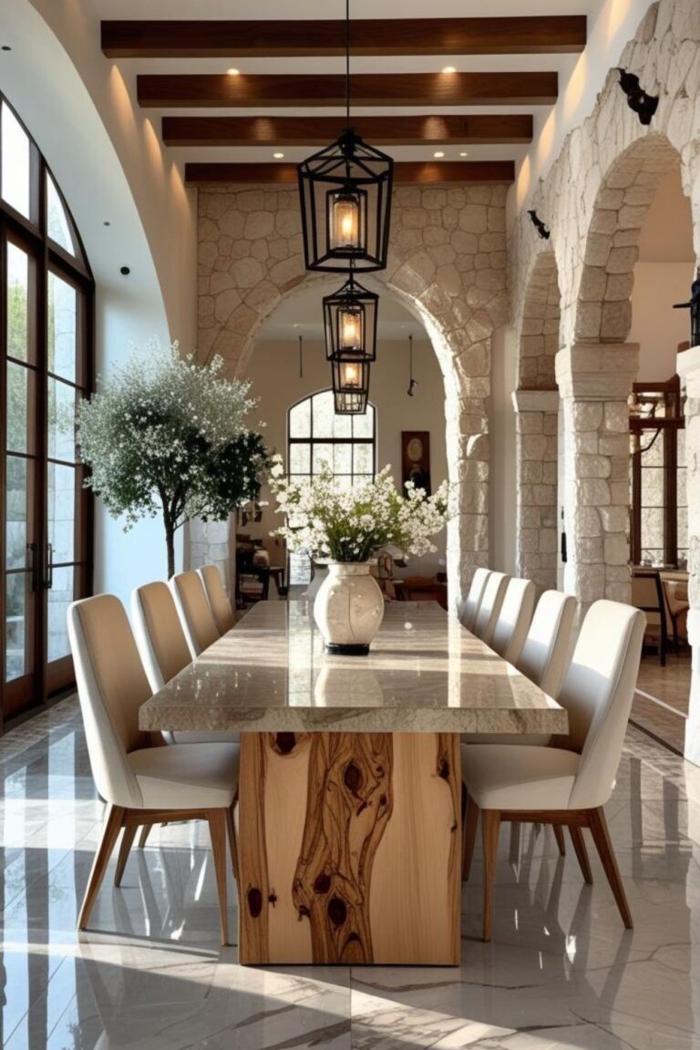 Sunwashed Stone Arch Dining Room with Walnut Rustic Grandeur