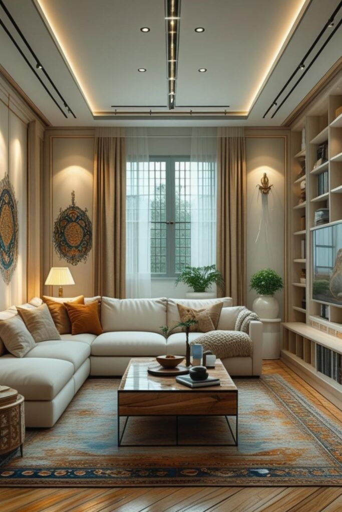 Symmetrical Built-Ins with Light Walnut and Tidy Shelf Styling