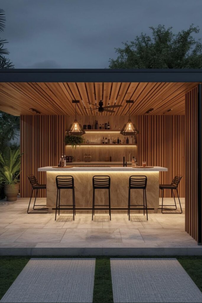 Teak Wood Slatted Bar with Floating Roof Extension