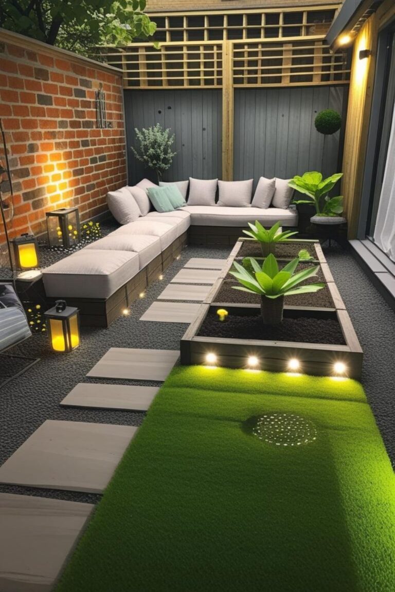 Vibrant Backyard with Raised Vegetable Garden and Seating Area