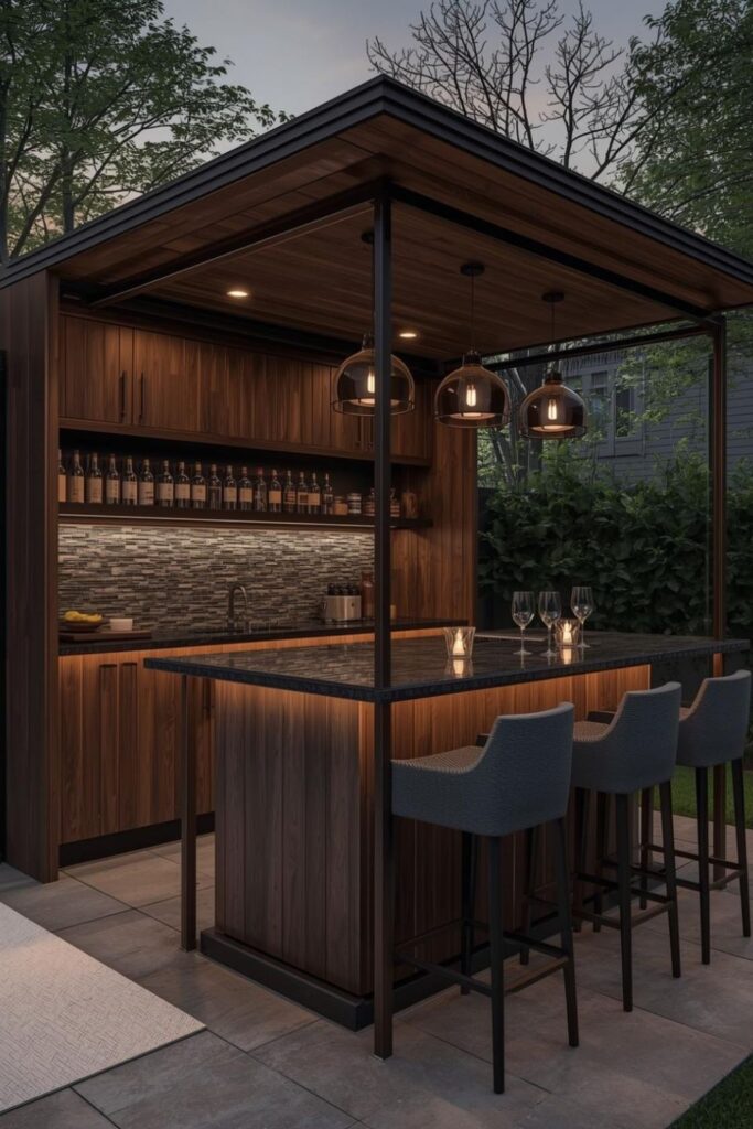 Walnut Wood Bar Shed with Bronze Metal Accents