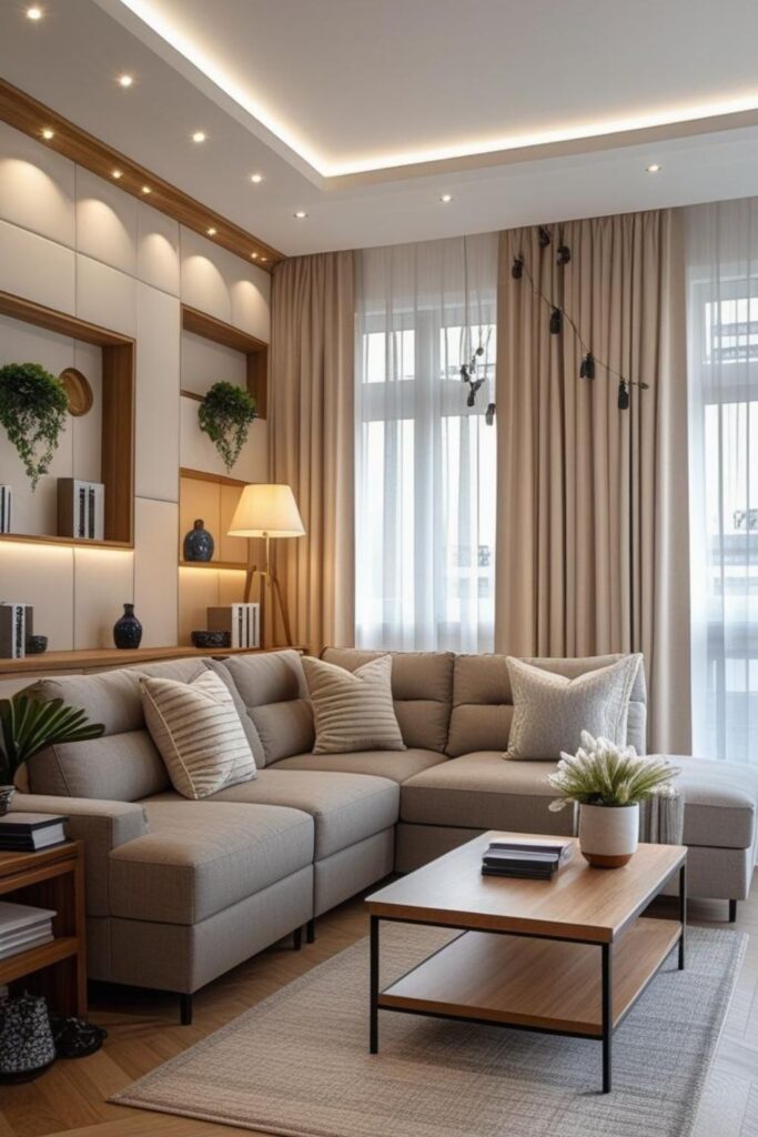 Warm Beige Panel Wall with Seamless Cabinets and Gentle Lamp Light