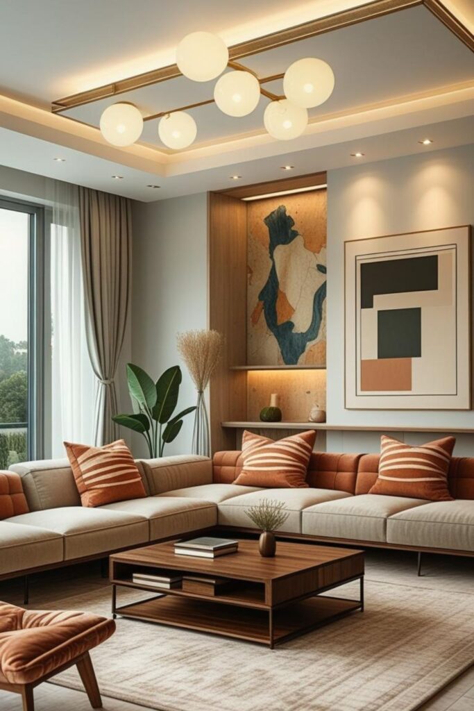 Warm Neutral Lounge with Microcement Walls and Clean Built-Ins