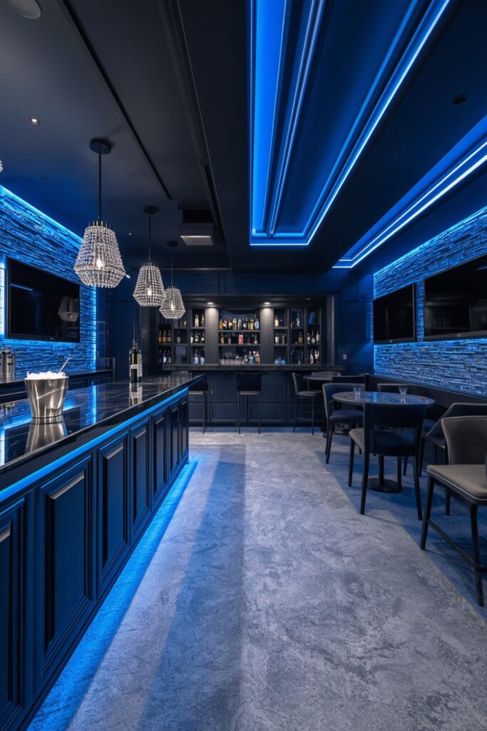 Deep Blue Velvet Basement Bar