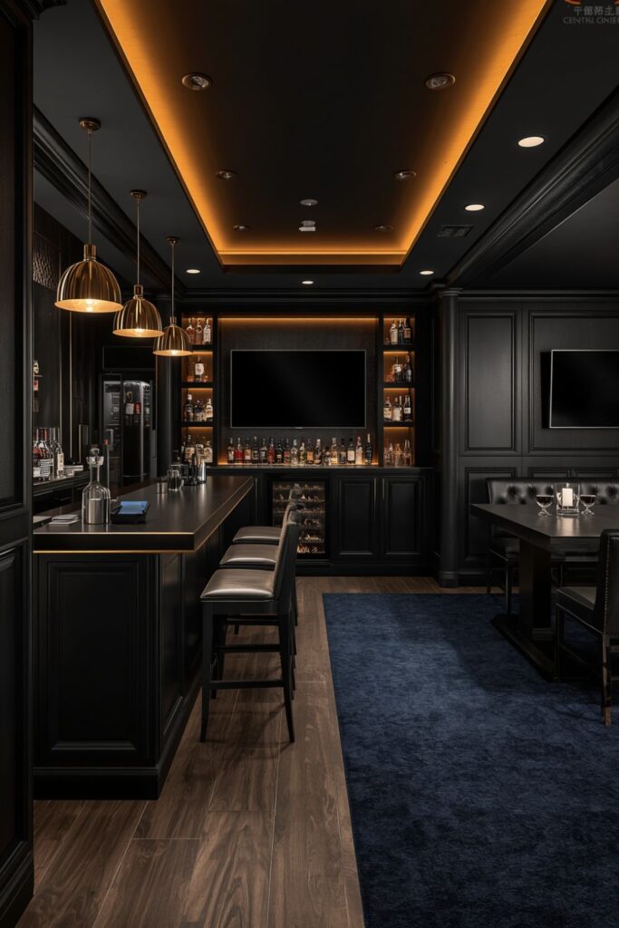 Matte Black and Brass Entertainment Bar